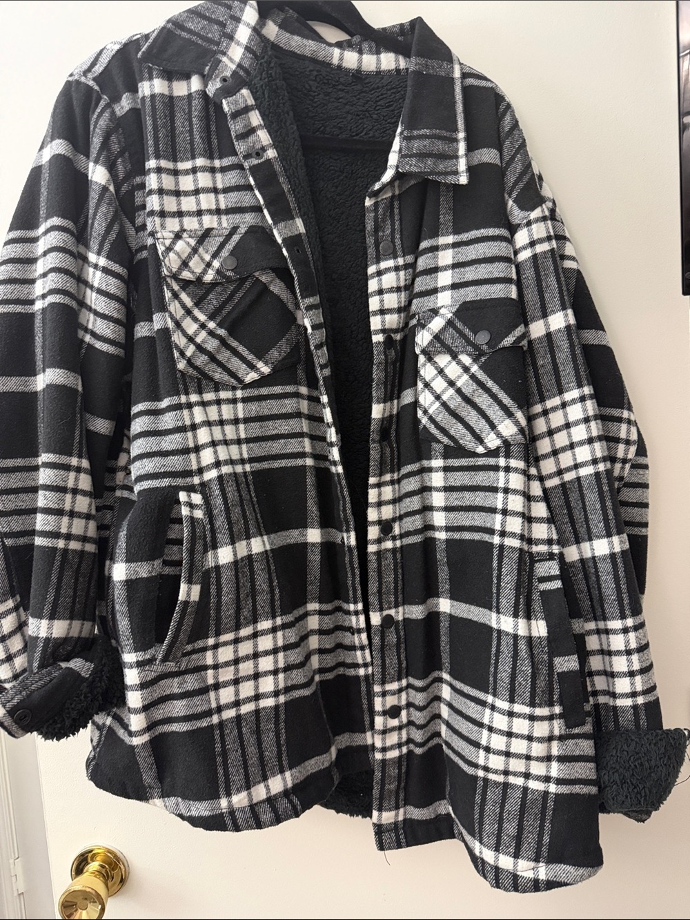 Black & White Plaid Sherpa-Lined Jacket